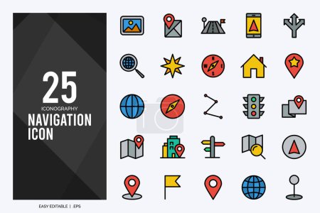 Téléchargez les illustrations : Pack d'icônes couleur ligne de navigation 25. illustration vectorielle. - en licence libre de droit