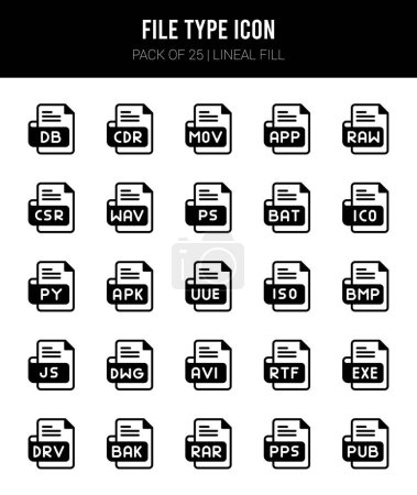 Téléchargez les illustrations : 25 Type de fichier Icônes de remplissage linéaire Illustration vectorielle du paquet. - en licence libre de droit