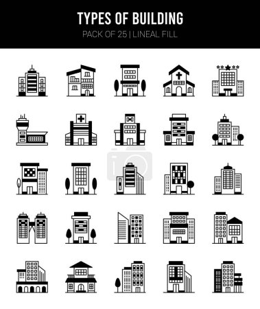Téléchargez les illustrations : 25 types d'icônes de remplissage linéaire de bâtiment Illustration vectorielle de paquet. - en licence libre de droit
