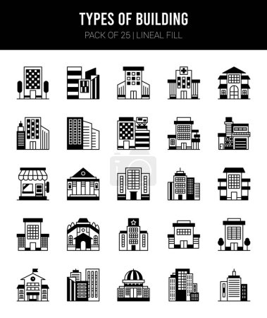 Téléchargez les illustrations : 25 types d'icônes de remplissage linéaire de bâtiment Illustration vectorielle de paquet. - en licence libre de droit