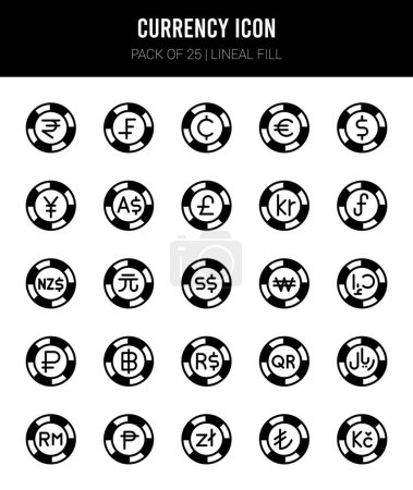 Téléchargez les illustrations : 25 Currency Coin Lineal Fill icons Pack vector illustration. - en licence libre de droit