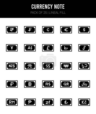 Illustration for 25 Currency Note Lineal Fill icons Pack vector illustration. - Royalty Free Image