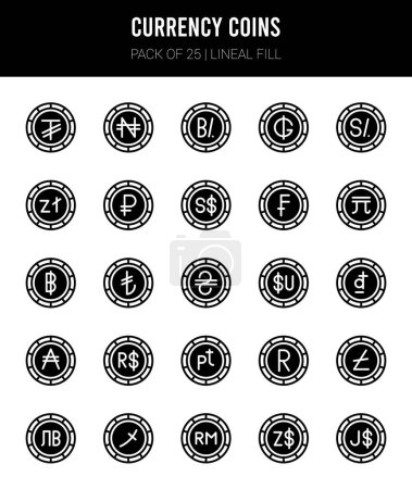 Illustration for 25 Currency Coins Lineal Fill icons Pack vector illustration. - Royalty Free Image