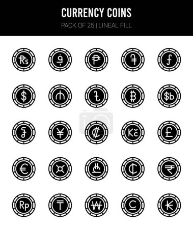 Illustration for 25 Currency Coins Lineal Fill icons Pack vector illustration. - Royalty Free Image