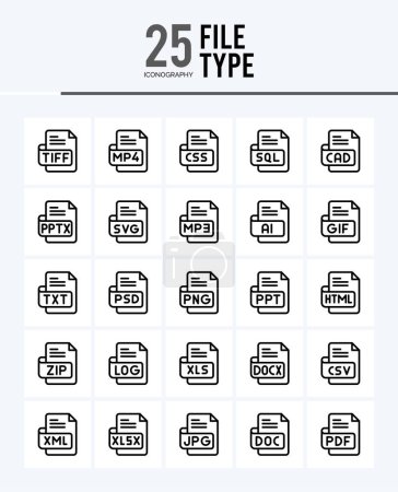 Ilustración de 25 File Type Outline icons Pack vector illustration. - Imagen libre de derechos