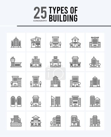 Téléchargez les illustrations : 25 types d'icônes de contour de bâtiment Illustration vectorielle du pack. - en licence libre de droit