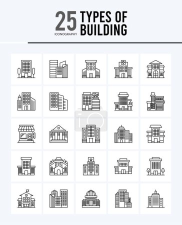 Téléchargez les illustrations : 25 types d'icônes de contour de bâtiment Illustration vectorielle du pack. - en licence libre de droit