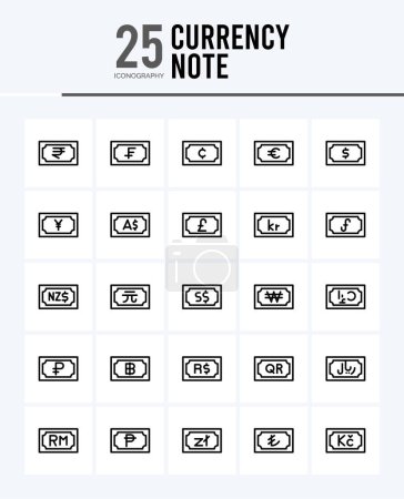 Illustration for 25 Currency Note Outline icons Pack vector illustration. - Royalty Free Image