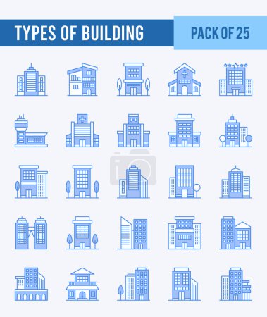 Téléchargez les illustrations : 25 Types de bâtiments. Pack d'icônes deux couleurs. illustration vectorielle. - en licence libre de droit