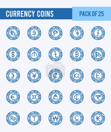 Illustration for 25 Currency Coins. Two Color icons Pack. vector illustration. - Royalty Free Image