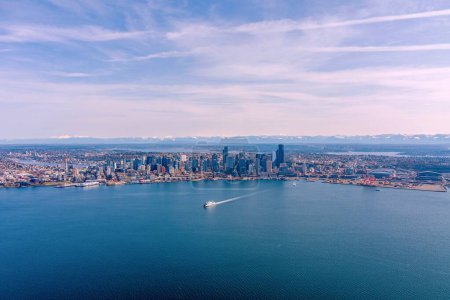Aerial view of Seattle, Washington and Elliot Bay on a sunny day in March 2023
