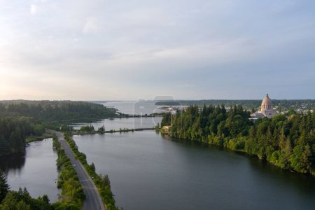Aerial view of Olympia, Washington at sunset in June