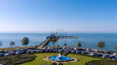 Aerial view of the Fairhope, Alabama Municipal Pier on the eastern shore of Mobile Bay