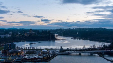 Photo for Aerial view of Capitol Lake and the Olympia, Washington waterfront at sunset in December - Royalty Free Image