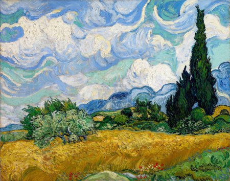 Téléchargez les photos : Champ de blé aux cyprès, par Vincent Van Gogh, 1889, Néerlandais post-impressionniste, huile sur toile - en image libre de droit