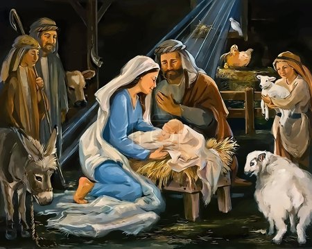 Ilustración de Mary y Joseph con el bebé en el establo. Nacimiento de Jesucristo - Imagen libre de derechos