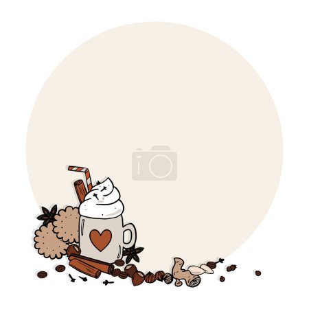 Ilustración de Acogedor otoño con café con leche de especias de calabaza, galletas, nueces, almendras y especias coloridos elementos de otoño dibujados a mano en la ilustración estacional digital aislado sobre fondo claro - Imagen libre de derechos
