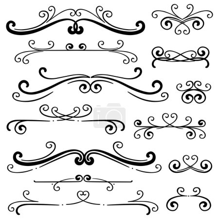 Illustration for Hand drawn head bottom curly ornamental dividers. Calligraphy card poster wedding engagement menu divider ornamental decorative elements. Isolated graphic vector object set. - Royalty Free Image