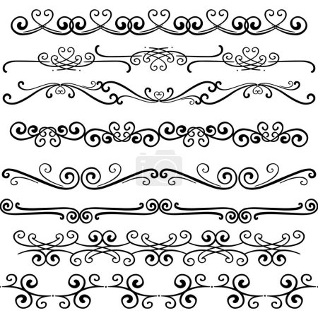 Illustration for Hand drawn horizontal curly ornamental dividers. Calligraphy card poster wedding engagement menu divider ornamental decorative elements. Isolated graphic vector object set. - Royalty Free Image