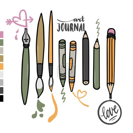 Illustration for Art journal writing painting equipment set graphic colorful vector elements isolated on white background - Royalty Free Image
