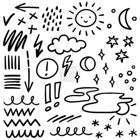 Illustration for Art journal doodle lines arrows weather graphic monochrome vector elements isolated on white background - Royalty Free Image
