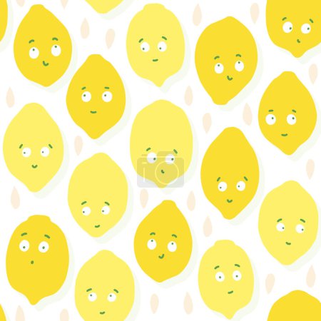 Illustration for Colorful vector hand drawn messy lemon fruits and seeds summer seasonal seamless repeat pattern on white background - Royalty Free Image