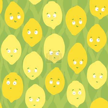 Téléchargez les illustrations : Vecteur coloré dessiné à la main désordonné citron fruits été saisonnier motif répétition sans couture sur fond vert avec des formes de feuilles - en licence libre de droit