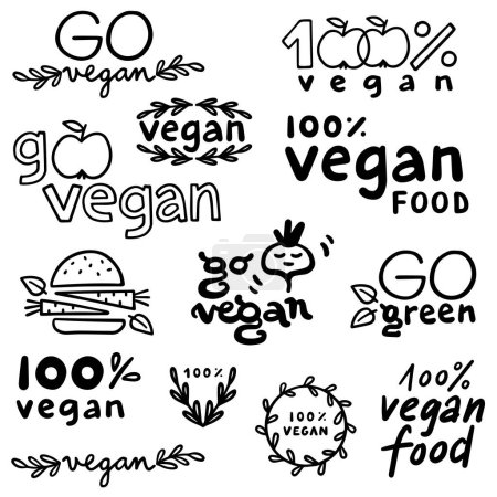 Ilustración de Etiqueta vegana abstracta lineal monocromática con elementos tipográficos y gráficos doodle aislados sobre fondo blanco para web e impresión - Imagen libre de derechos