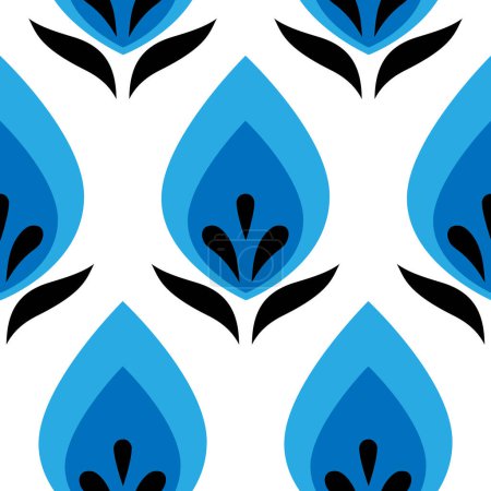 Illustration for Geometric flower shapes with leaves. Abstract botanical elements in rows vector illustration. Colorful white blue indigo black seamless pattern on white background. - Royalty Free Image