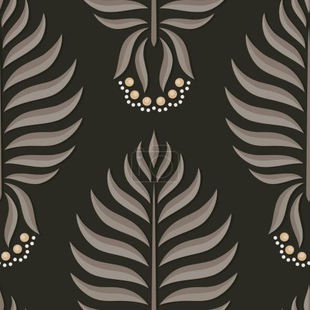 Illustration for Elegant geometric blooming leaves and berries. Abstract botanical elements vector illustration. Colorful brown beige gold seamless pattern on dark background. - Royalty Free Image