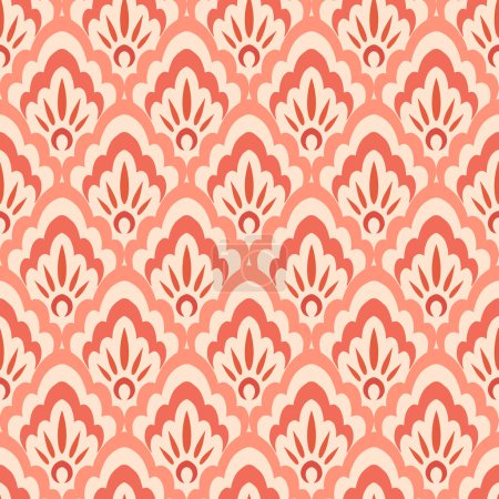 Illustration for Abstract delicate lace type damask peach color shadows geometric seamless pattern on light beige background - Royalty Free Image