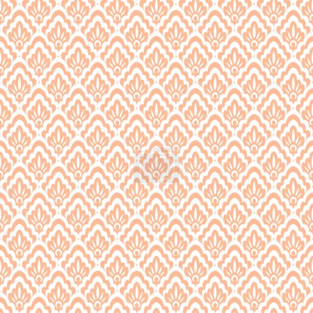 Illustration for White delicate lace type damask monochrome seamless pattern on light peach background - Royalty Free Image