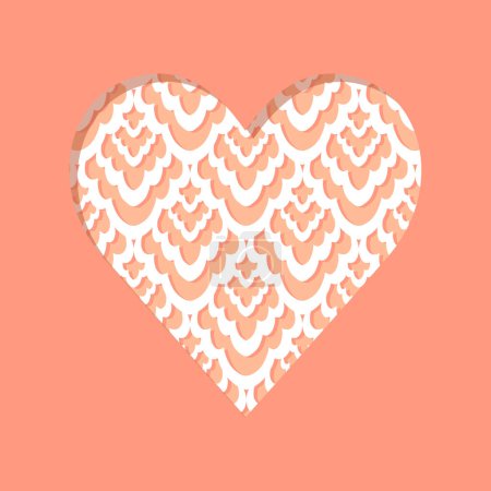 Illustration for Monochrome peach and white flat geometric heart shaped paper like cutout on delicate lace damask textured background romantic lovely vector square card poster centerpiece illustration - Royalty Free Image