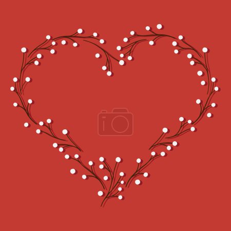Illustration for Hand drawn heart shape made of tiny branches with white berries romantic colorful vector centerpiece isolated on red background - Royalty Free Image
