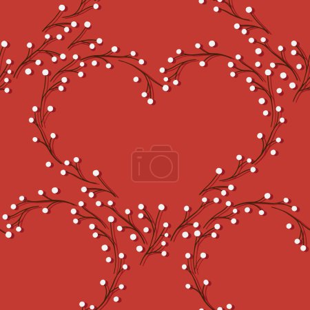 Illustration for Hand drawn heart shape made of tiny branches with white berries romantic colorful vector seamless pattern isolated on red background - Royalty Free Image
