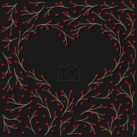 Ilustración de Forma de corazón dibujado a mano hecho de pequeñas ramas con bayas rojas romántica pieza central vector colorido aislado sobre fondo oscuro - Imagen libre de derechos