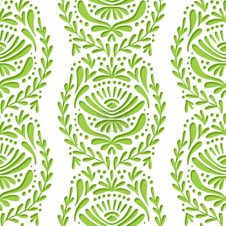 Illustration for Vertical lace type botanical style white monochrome seamless pattern on light green background - Royalty Free Image