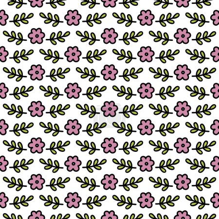 Téléchargez les illustrations : Délicate rose violet botanique fleurs minuscules et feuilles en rangées régulières saison de printemps vecteur de vacances modèle sans couture mis sur fond blanc - en licence libre de droit