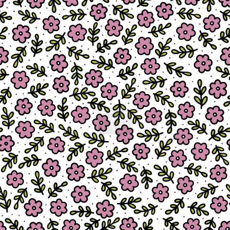 Illustration for Messy delicate pink purple botanical tiny flowers and leaves spring season holiday vector seamless pattern set on white background - Royalty Free Image