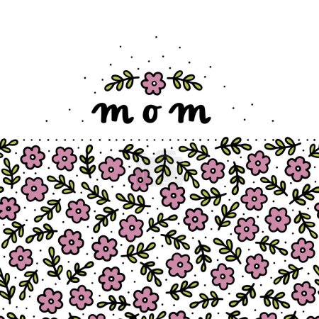 Illustration for Delicate linear colorful floral mother's day card with pink tiny flowers and fresh green leaves bottom border on white background flat doodle illustration centerpiece - Royalty Free Image