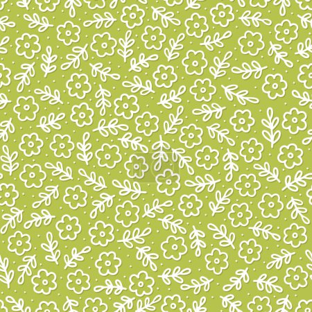 Illustration for Messy delicate white linear botanical tiny flowers and leaves spring season holiday vector seamless pattern set on light green background - Royalty Free Image