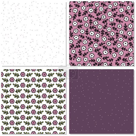 Ilustración de Desordenado delicado rosa púrpura botánico diminutas flores y hojas primavera temporada vacaciones vector patrón sin costuras conjunto - Imagen libre de derechos