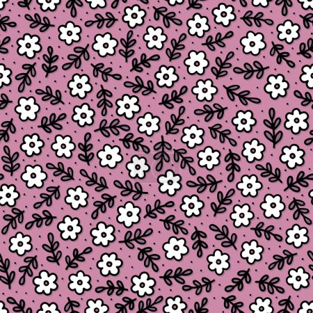Ilustración de Desordenado delicado rosa púrpura botánico diminutas flores y hojas primavera temporada vacaciones vector patrón sin costuras conjunto sobre fondo rosa - Imagen libre de derechos