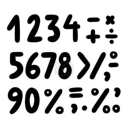 Ilustración de Negrita mano negro dibujado números latinos monocromáticos y signos aislados en el fondo blanco conjunto de educación matemática - Imagen libre de derechos