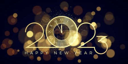 Happy New Year 2023. Gold numbers and clock with five minutes countdown. Celebration midnight. Blur light on holiday background. Vector illustration