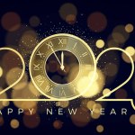 Happy New Year 2023. Gold numbers and clock with five minutes countdown. Celebration midnight. Blur light on holiday background. Vector illustration