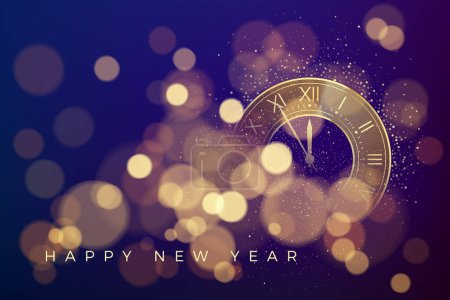 Feliz Año Nuevo Tarjeta de felicitación. Cuenta atrás para Año Nuevo en el reloj. Luces, destellos y efecto bokeh. Ilustración vectorial