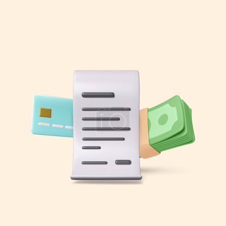 Illustration for 3D bill credit card and stack of paper green dollars. Render of realistic cartoon business icons. Vector illustration - Royalty Free Image