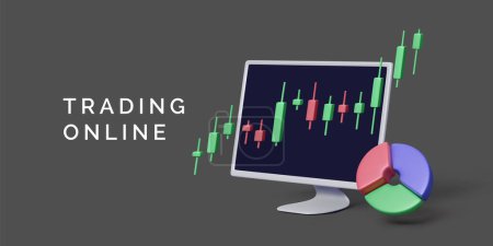 PC monitor with charts. Stock market and binary options concept. Pie graph and candlestick chart on computer screen. Online stock exchange trading concept. Vector illustration