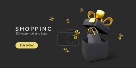 3D open gift and shopping bag. Holiday special offer. Black friday promotion banner. Discount poster with percent symbol, gift box and shop bag. Vector illustration